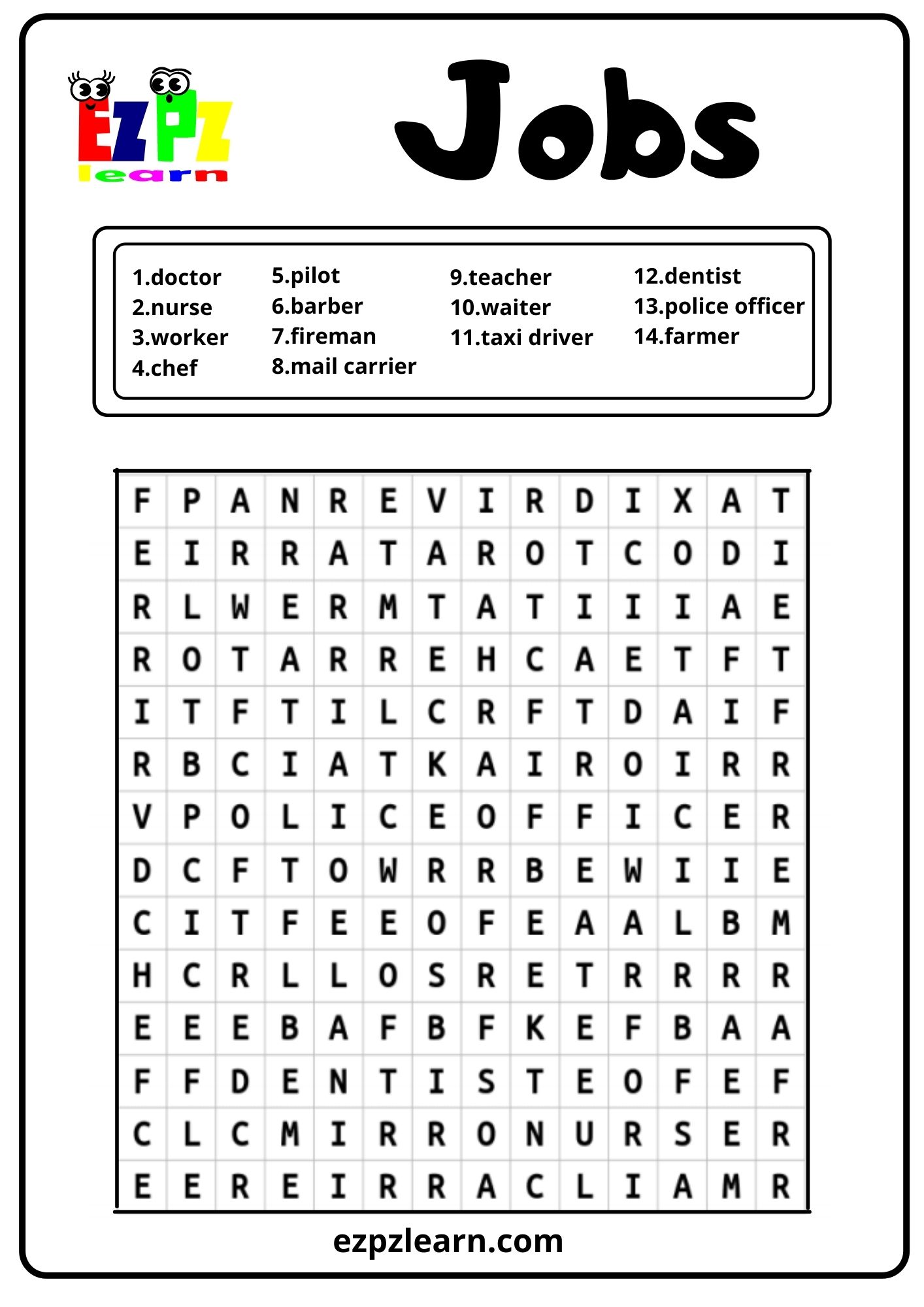 Jobs Word Search Ezpzlearn